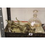 Brass and Glass: A gilt and white enamel decorated decanter, a brass ink well plus a match box cover