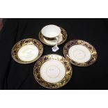 19th cent. Crown Derby tea cup and 4 saucers 1 a/f. cobalt blue and gilt swag decoration red mark to
