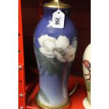 20th cent. Royal Copenhagen Ceramic & brass table lamp, sky blue with transfer painted magnolia