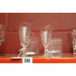 19th cent. Glass: Facet cut double lip wine rinser, wheel engraved tumbler and lipped measure plus