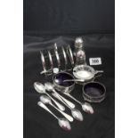 Hallmarked Silver: Condiment set and silver toast rack, Birmingham. 20th cent. silver coffee