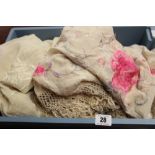 Early 20th cent. Silk shawls, deep silk fringe, one shawl has pink and cream floral embroidery,