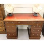 19th cent. Mahogany double pedestal desk, rounded corners with red leather skiver. The pedestal have