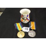 Medals: 1914-18, 1914-1919 pair to 32956 PTE W Laws Essex Regiment. Plus a Peace Beaker.