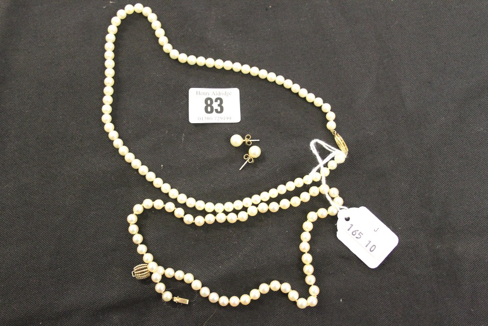 Jewellery: Cultured pearls both with 9ct clasps and one with earrings. (2).