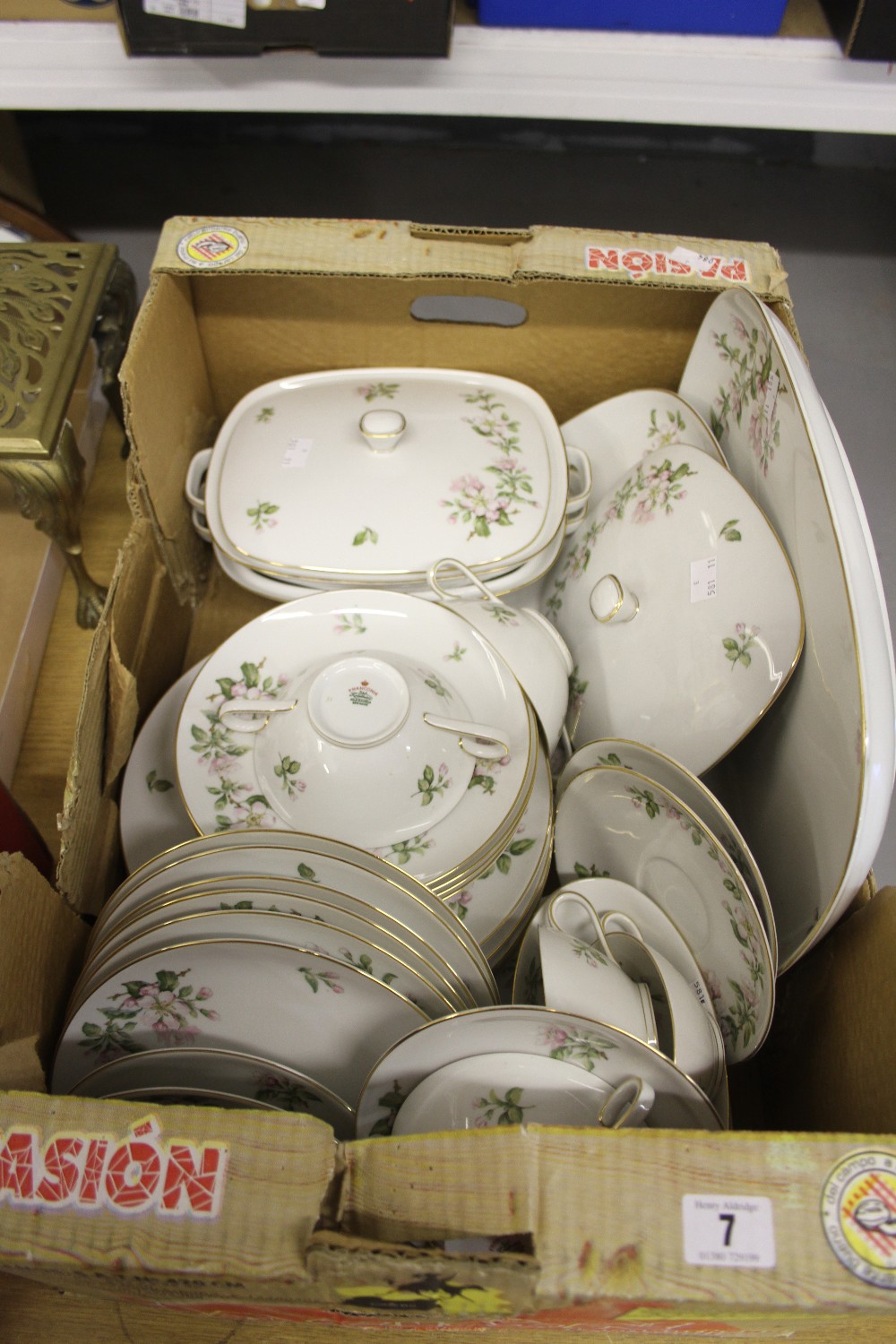 20th cent. Ceramics: Franconia "Apple Blossom" 6 place settings sets a pair of tureens and covers, 5