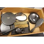 Early 20th cent. Ebony dressing table accoutrements, powder bowl, ring stand, tray, trinket pot,