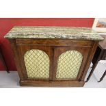 19th cent. Rosewood pier cabinet, marble top, pierced brass and linen covering to both doors.