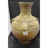 Chinese Ceramics: Superb Han Dynasty stone glaze bulbous funeral vase with incised decoration to