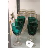 20th cent. Glass: Green and clear stem wine glass x 6, lustre and gilt stem glass x 6. (12).