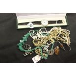 Jewellery: Nephrite necklace, white metal Sekonda watch and mixed costume jewellery.