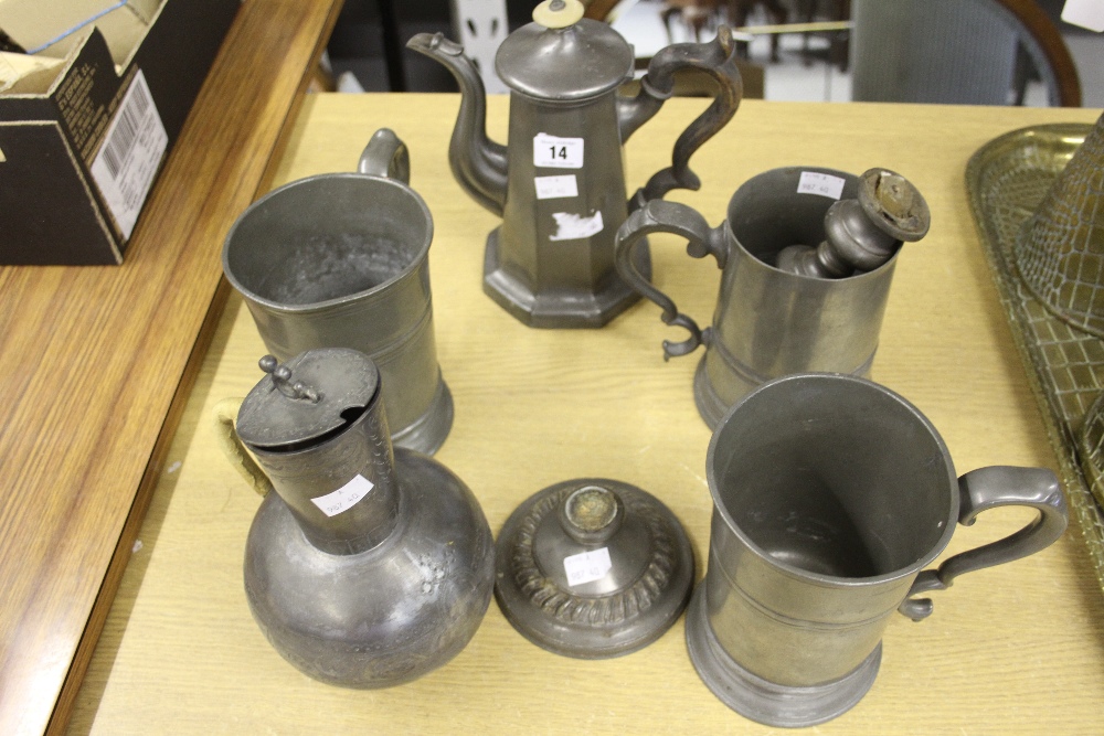 Pewter: Victorian quart tankards - a pair inscribed Samuel Stanton Peckham, plus misc. collection of