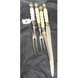 19th cent. Carving Tools: Forks x 2, knife and sharpener, ivory twist handle, hallmarked silver