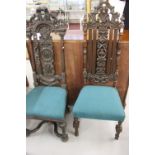 19th cent. Mahogany Carolean style hall chair with upholstered seat; plus one other similar. (2).