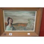 William Drew 1928-84 Australian: Oil on board "Girl with Bird", signed lower right. Framed 13¼ins. x