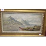 19th cent. English School: Oil on canvas cattle by a lake, unsigned, gilt frame 19ins. x 9½ins.