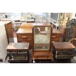 20th cent. Treen 2/1 miniature chest, a pair plus a dressing table mirror on a 3 drawer base.