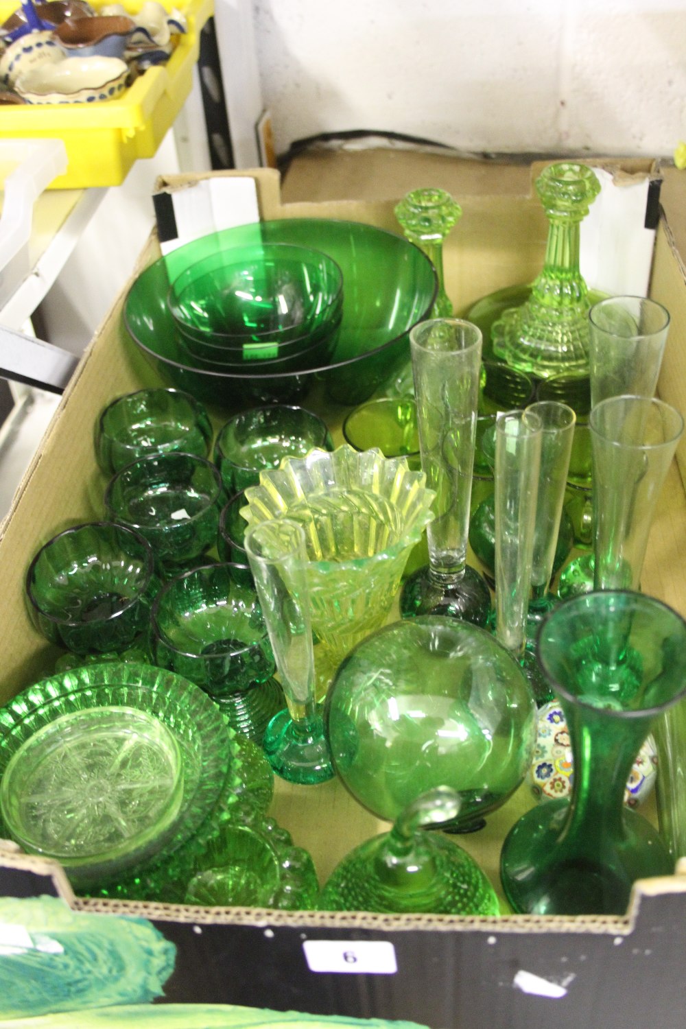 Glassware: 20th cent. Green glass, dessert set, bud vases, glasses plus cups and saucers etc.