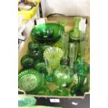 Glassware: 20th cent. Green glass, dessert set, bud vases, glasses plus cups and saucers etc.