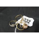 Hallmarked Gold: Diamond set 9ct ring, signet ring, cameo ring plus a yellow metal ring 10.8g (