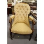 19th cent. Ladies open armchair, spoon & button backed upholstered seat & arms, turned front