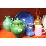 20th cent. Studio Pottery: Green baluster vase, blue shallow bowl, 2 handle urn and cover, flo