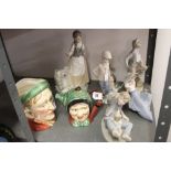 20th cent. Figurines Nao girl with broken vase (a/f), young boy with dog, girl with bird, shoe