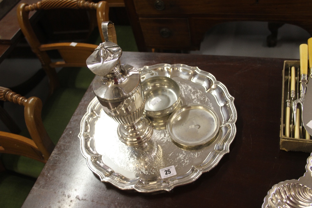 Plated Ware: Circular tray, pie crust edge and etched decoration, coffee pot with rattan covered