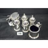 Hallmarked Silver: Matching Regency style condiments mustard pots x 2, peppers x 4 London Carrington