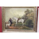 Anthony J.K. Pates: 1887 Oil on canvas study of a horse and rider in a rustic setting, signed