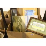 Watercolours, Etchings & Prints: Three hunting studies, book prints of plants x 3, framed and