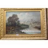 R. Marshall: Oil on board lakeside study, signed lower right, gilt frame 27ins. x 19ins.