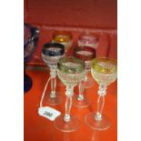 20th cent. Glass: Long stem sherry glasses x 6, with multi colour rim.