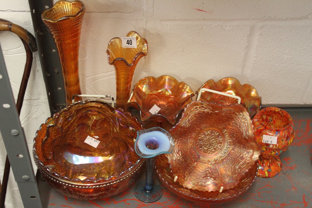 Carnival Glass: Bowls, vases etc. (8) plus Vaseline glass trumpet vase.