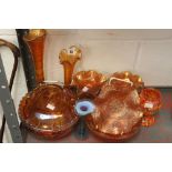 Carnival Glass: Bowls, vases etc. (8) plus Vaseline glass trumpet vase.