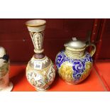 19th cent. German stoneware, Merkelbach Grenzhansen lidded pitcher, floriate decoration 11ins.