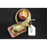 19th cent. Desk Requisites: Banded agate paperweight with gilt bronze mythical beast supporting a