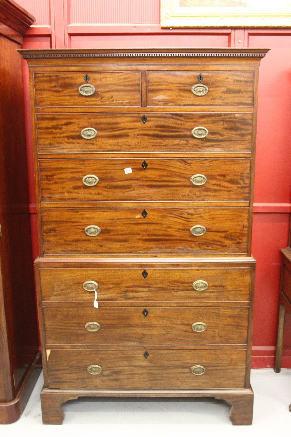 19th cent. Mahogany chest on chest, 2 small & 6 long, cock beaded drawer fronts on bracket