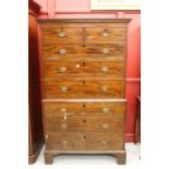 19th cent. Mahogany chest on chest, 2 small & 6 long, cock beaded drawer fronts on bracket