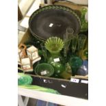 Glassware: 20th cent. Green glass, dessert set, bud vases, glasses plus cups and saucers etc. Plus