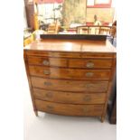 19th cent. Mahogany bow fronted chest of drawers with inlaid panel decoration, 2 short and 4 long