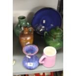 20th cent. Studio Pottery: Green baluster vase, blue shallow bowl, 2 handle urn and cover, flo