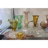 20th cent. Coloured glass vases green, amber, yellow and pink (4) plus clear Hors d'oeuvre dish