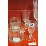 19th cent. Glass: Facet cut double lip wine rinser, wheel engraved tumbler and lipped measure plus