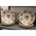 20th cent. Ceramics: Crown Staffordshire dessert service, chinoiserie design comport, 10 plates, and