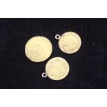 Gold Coins: 1810 1/3 Guinea, Spanish Charles III 1786, 1774. All mounted. 6.gms.