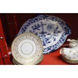 German Ceramics: Meissen blue onion pattern oval dish, cross swords mark unglazed base blue beneath.