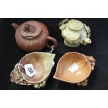 19th cent. Oriental soapstone heart shape bowls ornately carved x 2, a carved teapot (a/f), plus a