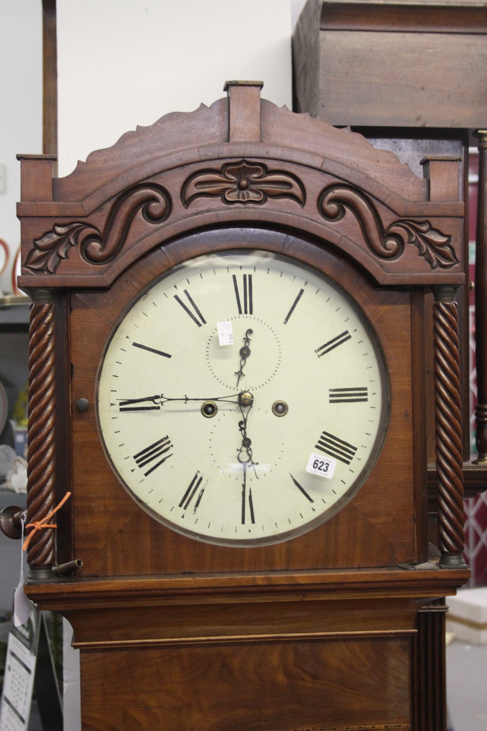19th cent. Mahogany longcase clock, white dial, black numerals, second hand at 12 and date at 6.