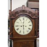 19th cent. Mahogany longcase clock, white dial, black numerals, second hand at 12 and date at 6.